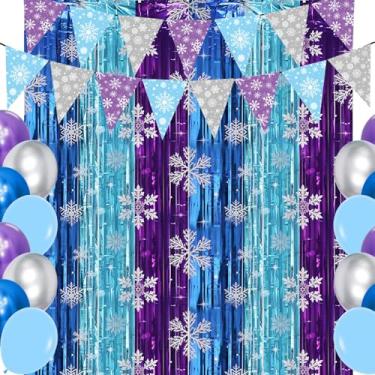 Imagem de 2 pacotes de pano de fundo de cortina de franja de floco de neve, decorações de festa de aniversário de princesa de inverno, pano de fundo metálico de brilho de gelo azul prateado para decoração de