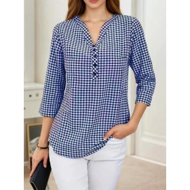 Imagem de Blusa Feminina plus Size Xadrez Manga Longa Decote V Slim Fit Moda Pri