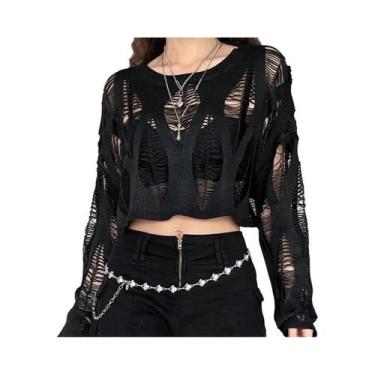 Imagem de Camiseta Feminina Y2K Vazada com Manga Morcego - Tricotada, Solta e Es