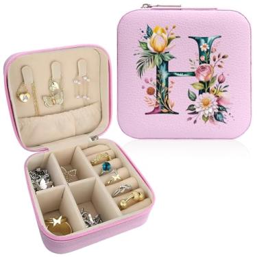 Imagem de Caixa de joias com monograma, caixa de joias portátil, 1 caixa de joias compacta rosa para viagem, estojo organizador, bolsa de armazenamento, suporte de joias para colar, brincos, anéis e pulseira