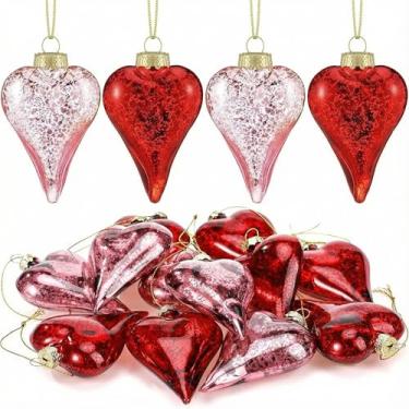 Imagem de Jenaai 6 peças de enfeite de coração de vidro de Natal de 6 cm antigo em vidro vermelho e rosa ornamentos de árvore de dia dos namorados brilhante romântico em forma de amor pendurado na árvore de