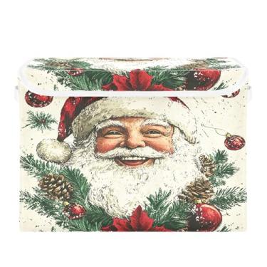 Imagem de SEHANY Linda caixa de armazenamento de Papai Noel de Natal com tampas e alças, organizador de cestas de armazenamento de tecido dobrável, caixas de armazenamento de cubos grandes para roupas, cobertor