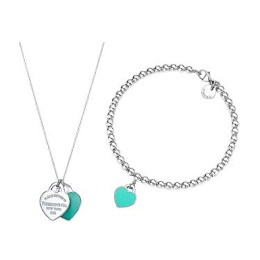 Imagem de Conjunto Tiffany Colar e Pulseira de Prata 925 com Dois Pingentes de Coração Azul