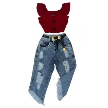 Imagem de Conjunto Infantil Blogueirinha Cropped Calça Jeans Moda Luxo - AK FASH