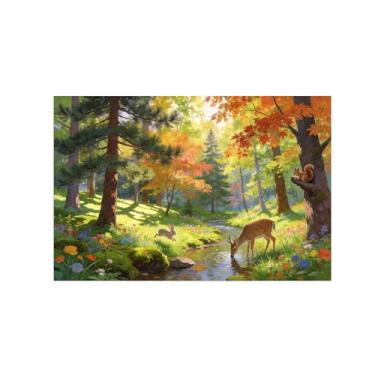 Imagem de BMZFYBS Impressão em tela de paisagem de arte de parede - Árvore de outono Rio Animais - Pintura de decoração - Imagens para sala de estar quarto 20 x 30 cm 8 x 12 pol. Sem moldura