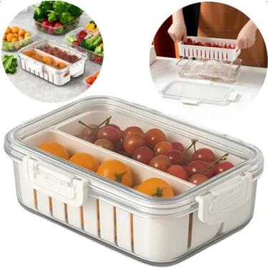 Imagem de Pote Hermético Organizador de alimentos Multiuso para Geladeira Armario Cozinha com Tampa e 2 Divisórias Internas Cestas Removíveis 23,5x16,5x6,5cm