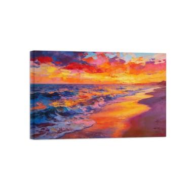 Imagem de Impressão em tela de paisagem de arte de parede - Onda do mar pôr do sol - Pintura de decoração - Imagens para sala de estar pronta para pendurar tela embrulhada 50 x 75 cm 20 x 30 pol