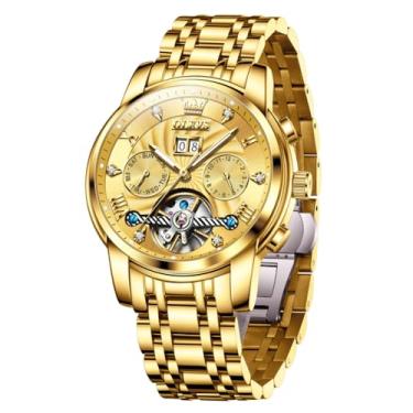Imagem de OLEVS Relógios masculinos analógicos automáticos mecânicos masculinos luxuosos à prova d'água diamante relógio masculino casual de aço inoxidável turbilhão mostrador grande dia data relógio clássico