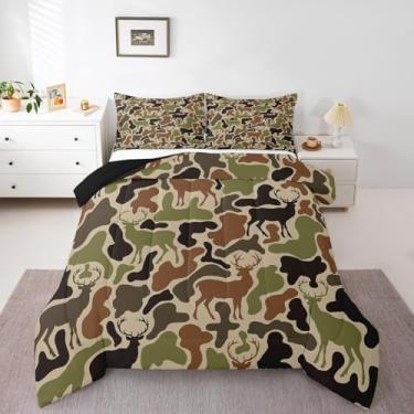 Imagem de Feelyou Conjunto de cama casal camuflado de cervo, caça, veado, para meninos e meninas, adolescentes, conjunto de edredom com chifres, respirável, microfibra macia, casa de fazenda ocidental com 2