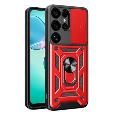 Imagem de POYUFRG Capa à prova de choque para Samsung Galaxy S26 Ultra/S26 Plus/S26, capa antiderrapante com suporte de rotação magnética com capa de proteção de lente deslizante, vermelha, S26 Plus