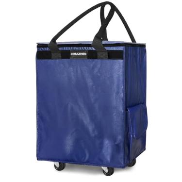 Imagem de Bolsa de compras reutilizável (médio, azul) com rodas, cesto de roupa suja, sacola dobrável com alça e zíper, organizador de armazenamento para roupas e mantimentos, carrinho de compras com rodinhas