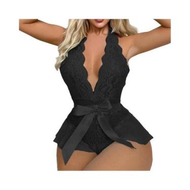 Imagem de Pijamas Femininos Sexy De Renda Transparente Com Decote Em V E Costas 