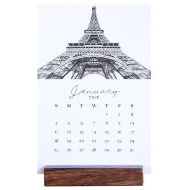 Imagem de Calendário mensal de mesa de escritório 2026 - Ícones do mundo de viagem - estilo ilustrado - suporte de madeira - cartões de 10 x 15 cm - decoração minimalista para casa (ícones do mundo de viagem)