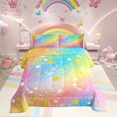 Imagem de Erosebridal Jogo de cama solteiro com estampa de galáxia arco-íris, para crianças, meninos, meninas, estrelas, colorido, tie dye, conjunto de cama de bolinhas brancas para todas as estações