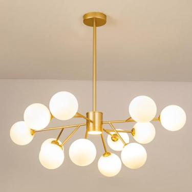 Imagem de Lustre de interior com globo de vidro branco, lustre moderno dourado para teto, ideal para sala de jantar, sala de estar, quarto, cozinha e escritório (diâmetro da haste: 10 cm + 20 cm + 30