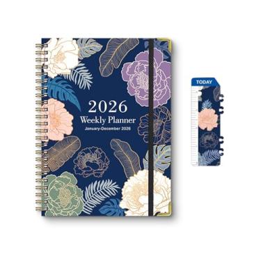 Imagem de Agenda escolar 2026, agenda semanal e mensal A5 com abas, marcador de página de PVC, protetores de canto de metal, bolso interno, capa dura 21 cm x 15,8 cm livro de agenda diária escolar para