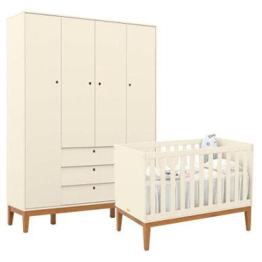 Imagem de Berço Americano E Guarda Roupa Unique 4 Portas Off White Eco Wood - Ma