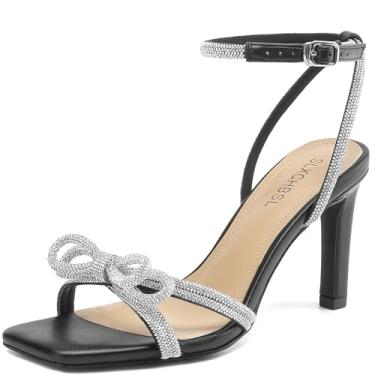 Imagem de SLXCHBSL Sandálias femininas de dedo quadrado com strass ajustáveis no tornozelo e dois laços, salto alto de 7,6 cm, festa de casamento, formatura, sapatos confortáveis brilhantes para mulheres, Preto