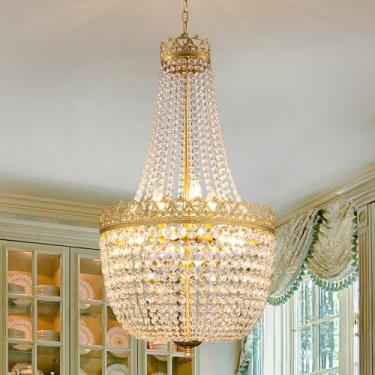 Imagem de Wellmet Lustre de cristal, 9 luzes Império Francês Lustre Iluminação Luxo Ouro Teto Alto Pendurado Luminária Pendente para Sala de Estar Cozinha Quarto Entrada de Entrada, 40 cm L