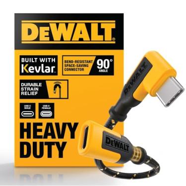 Imagem de DEWALT Adaptador de cabo de extensão USB-C de 90 graus resistente 100 W PD – Conector macho para fêmea tipo C angular com cabo reforçado Kevlar, alívio de tensão durável, carregamento rápido para