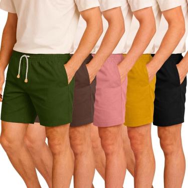Imagem de Kit 5 Bermuda Masculina em Linho com Cintura Elástica Cordão Ajustável e Bolsos-Masculino