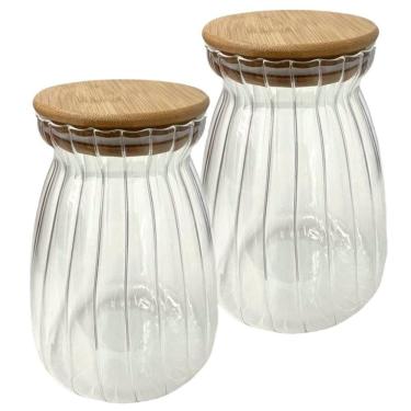 Imagem de Kit 6 Pote Hermético 1litro Com Tampa Bambu Recipiente Vidro