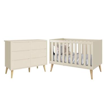 Imagem de Jogo De Quarto Infantil Theo Cômoda 6 Gavetas E Berço Areia Fosco Com Pés Madeira Natural - Reller Móveis Areia Fosco