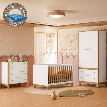 Imagem de Quarto de Bebê Completo com Berço Slim Cômoda e Roupeiro Flora Branco Freijó Qmovi + Colchão Ortobom