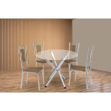 Imagem de Conjunto: Mesa Sala Jantar Volga C- Tampo De Vidro 95cm E 4 Cadeiras Florença Cromada - Courano Capuccino - Kappesberg