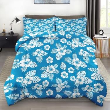 Imagem de Pamnest Conjunto de edredom casal, flor havaiana azul, macio, 3 peças, para crianças e adultos, conjunto de edredom de praia de hibisco com 2 fronhas para decoração de cama de quarto