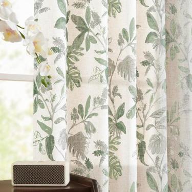 Imagem de Cortinas jinchan Linen 160x160cm com estampa de folhas tropicais verde