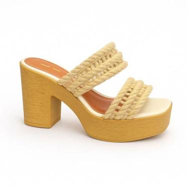 Imagem de Sandália Feminina Salto Bloco Alto Plataforma Cordas Rústica Confortáv