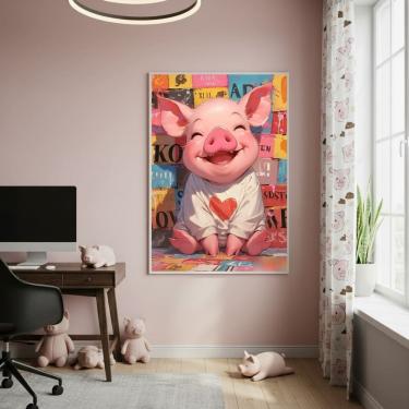 Imagem de Quadro Decorativo Porco Camisa Coração 70x50cm Mold Preta