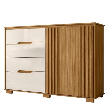 Imagem de Cômoda Texas 4 Gavetas 2 Portas em MDF com Puxador Usinado Off White e Freijó para Quarto