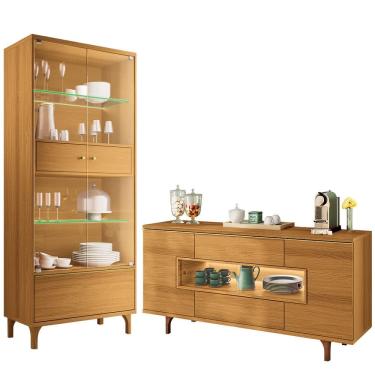 Imagem de Kit Aparador Buffet Lizzano e Cristaleira Com LED Para Sala De Jantar Lúmen B01 Cinamom...