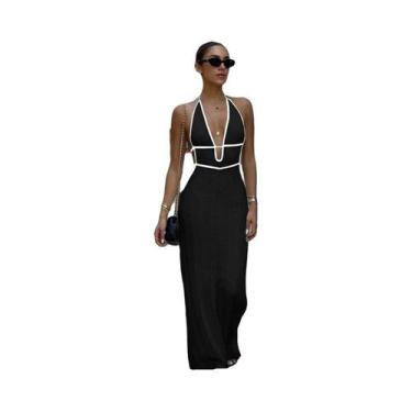 Imagem de Vestido Feminino Sexy Halter Sem Costas Com Cadarço E Blocos De Cores,