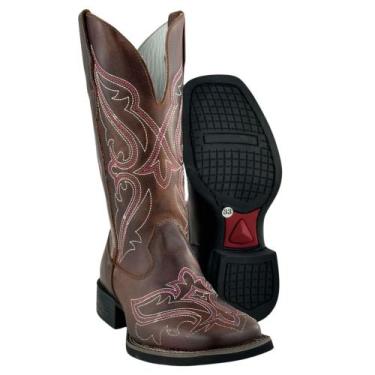 Imagem de Bota Texana Feminina Big Bull Boots Couro Fóssil Cela Bordado Rosa E B