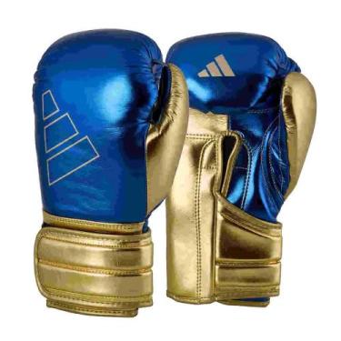 Imagem de Luva de Boxe Adidas em Couro Hybrid 500 V -, Azul, Dourado, 10oz