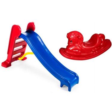 Imagem de Escorregador infantil 3 degraus com gangorra cavalinho - azul E vermelho