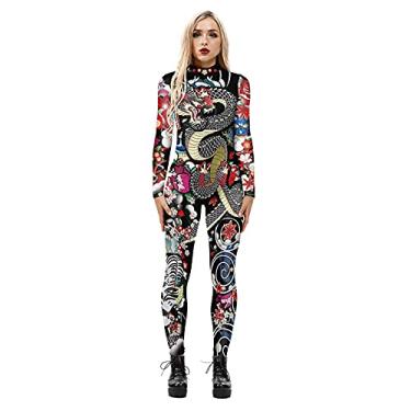 Imagem de Yajun Macacão feminino de festa de Halloween fashion stretch slim fit body de uma peça elegante skinny Catsuit geral com zíper, dragão, P (busto: 79 cm)