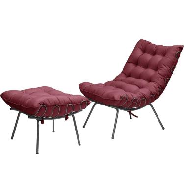 Imagem de Poltrona Costela Adão Ferro Puff Estrutura Preto Para Sala Moderna Decorativa Veludo Bordô