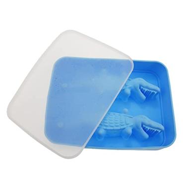 Imagem de Bandeja de cubo de gelo 3D jacaré bandeja de cubo de gelo de silicone com tampa 2 furos máquina de cubo de gelo de silicone molde de chocolate ferramenta de cozinha molde de cubo de gelo (cor: azul)