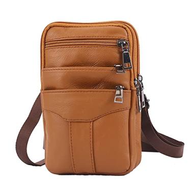 Imagem de Bolsa de cintura masculina de couro bolsas transversais retrô para celular, Marrom, 9.4x5.5x2.95in