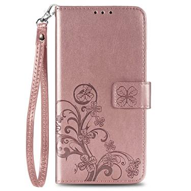 Imagem de Niuuro Capa carteira para LG Stylo7 5G design de flor de trevo capa flip de couro PU com suporte para cartão suporte alça de pulso capa protetora de telefone à prova de choque para mulheres meninas, ouro rosa