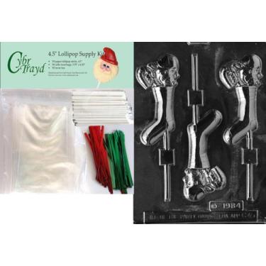 Imagem de Cybrtrayd Molde de chocolate de Natal com pirulito e kit de pirulito, inclui 50 palitos de pirulito, 50 sacos de violoncelo, 25 laços vermelhos e 25 verdes