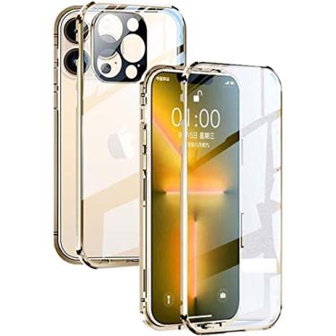 Imagem de VEVEL Capa de telefone transparente de vidro temperado de dupla face, para Apple iPhone 13 Pro Max (2021) capa de grama de atração magnética de 6,7 polegadas (cor: ouro)