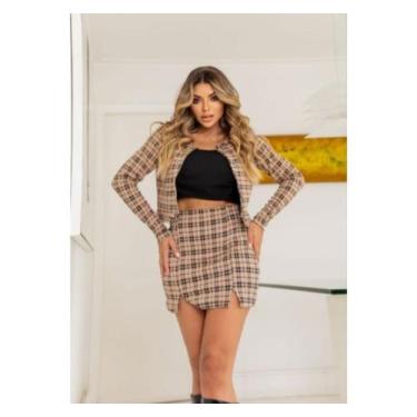 Conjunto 3 Peças, Casaco Pelo, Blusa e Shorts Saia Xadrez - Cor