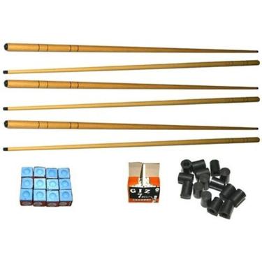 Imagem de Kit 6 Taco 1,30m 1 Cx Giz Azul E Branco + 20 Ponteira Sinuca