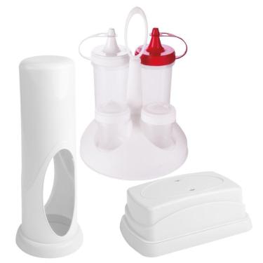 Imagem de Kit galheteiro bisnagas sal e palito + porta guardanapo + porta canudos Plasutil