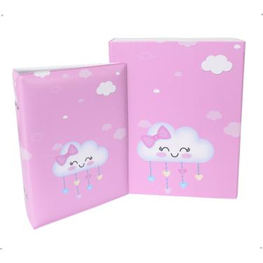 Imagem de Estojo Imantado com Álbum para 100 Fotos 15x21 - CHUVA DE AMOR ROSA Bebê Menina Infantil Newborn Nuvem